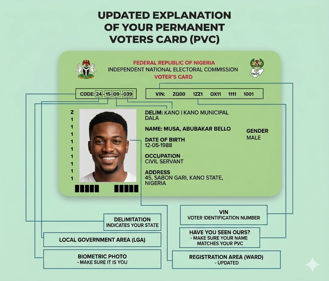 Anatomy of a Nigerian Permanent Voter Card showing the delimitation, name, date of birth, occupation, address, gender, VIN and other key fields