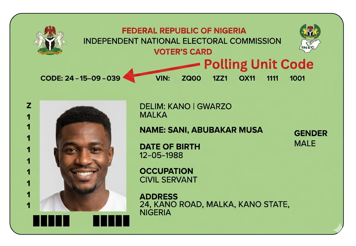 A sample Nigerian PVC with the polling unit code highlighted by an arrow